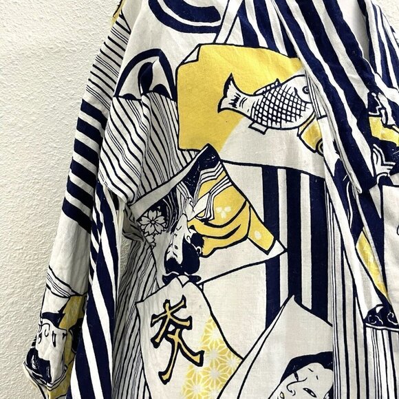 100% Linen Japanese Kimono Traditional Folk Unique Blue Yellow One Size - Picture 8 of 11